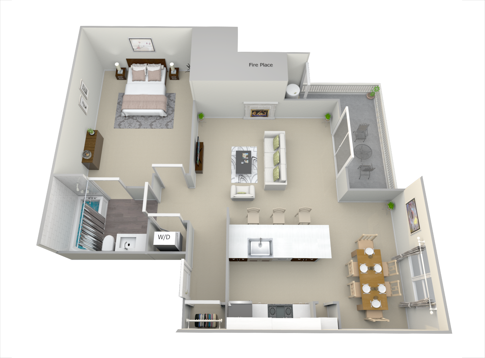 Floor plan for 1 bed, 1 bath, 750 sqft